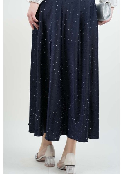 Bayan Çan Etek Ful Taş Detaylı Saten Etek Lacivert modelleri