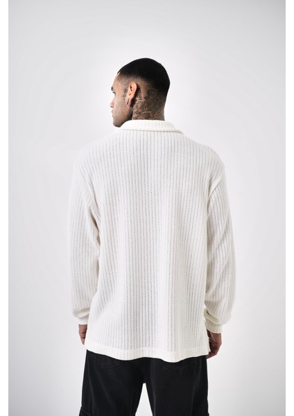 Erkek Yarım Fermuarlı Oversize Triko Ekru
