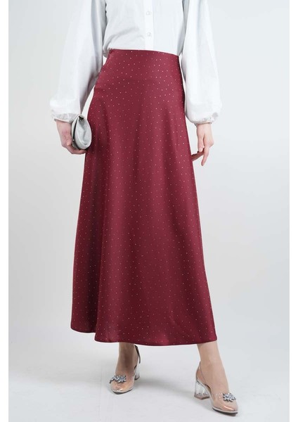 Bayan Çan Etek Ful Taş Detaylı Saten Etek Bordo