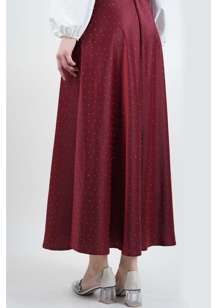 Bayan Çan Etek Ful Taş Detaylı Saten Etek Bordo modelleri