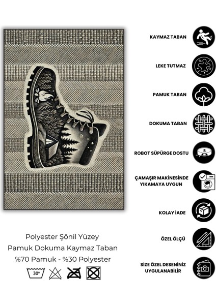 Kamp Hayatı Temalı Bej Halı Kampçı Halısı Pamuklu Dokuma Taban Halı Yıkanabilir Outdoor Çadır Halısı