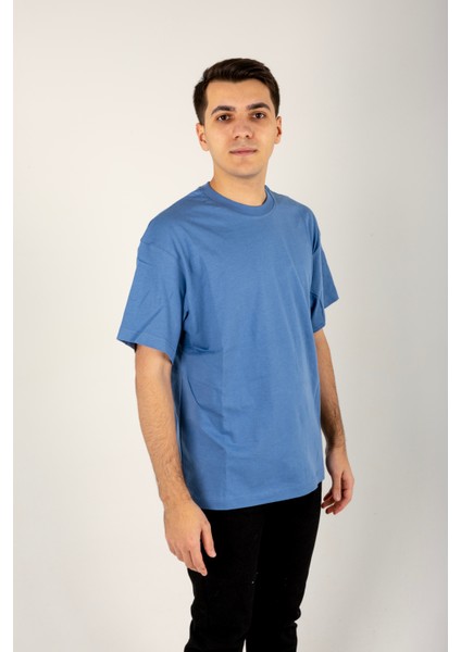 Kesik Etiket Za** Bisiklet Yaka T-Shırt Açık Mavi
