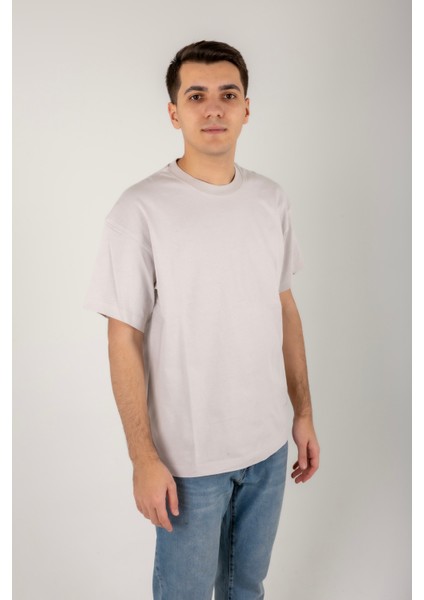 Kesik Etiket Za** Bisiklet Yaka T-Shırt Açık Gri