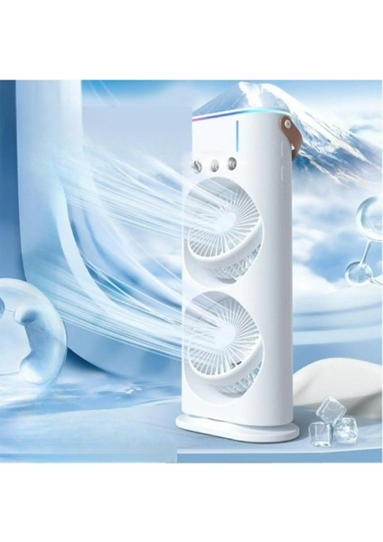 Şarjlı Hava Nemlendirici Iki Pervaneli Su Püskürtmeli Serinletici Döner Kumandalı Masa Kamp Ev Fanı