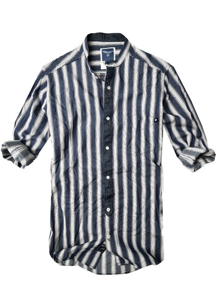 Slim Fit %100 Pamuk Kumaş Hakim Yaka Uzun Kol Gömlek--Lacivertçizgi-