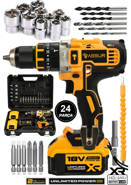 18V Metal Şanzıman Çift Akülü Şarjlı Darbeli Matkap Sarı