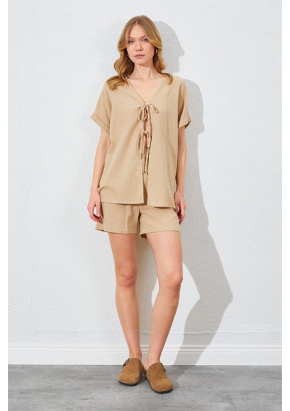 Kadın Vizon Düşük Kol Bağlamalı Bluzlu Şortlu Keten Takım fiyatları