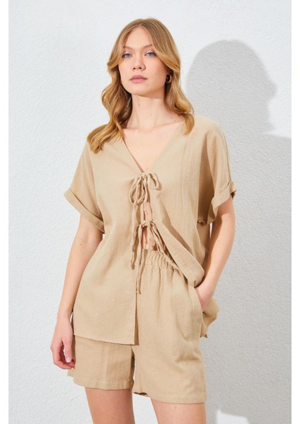 Kadın Vizon Düşük Kol Bağlamalı Bluzlu Şortlu Keten Takım fırsatları