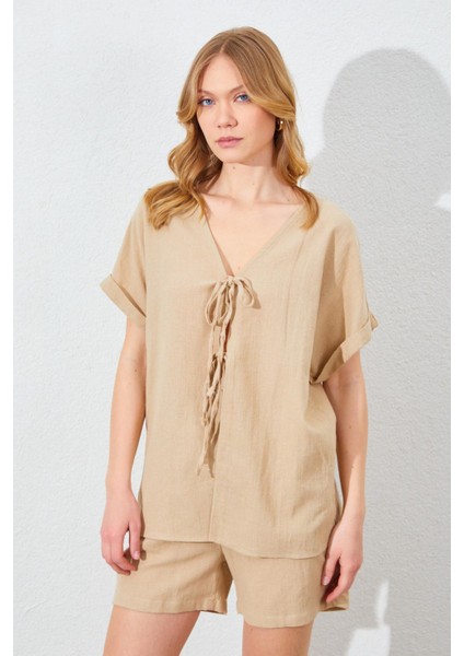 Kadın Vizon Düşük Kol Bağlamalı Bluzlu Şortlu Keten Takım indirimleri