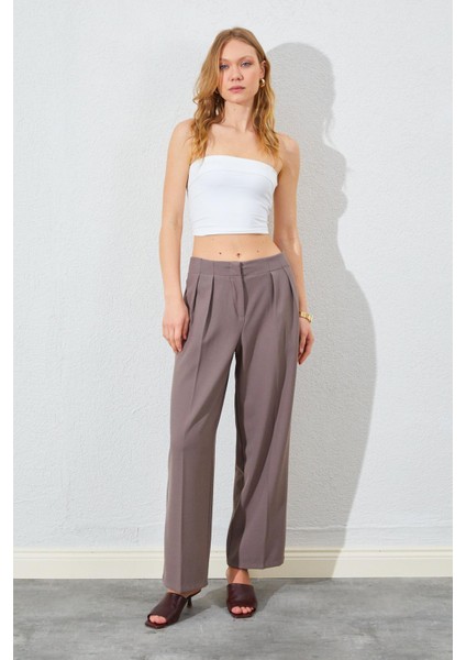 Kadın Vizon Kemersiz Önü Çift Pileli Poliviskon Pantolon