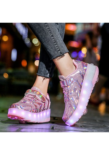 Mkjınmeı 4 Tekerlekli USB Şarjlı LED Işıklı Paten Ayakkabı (Yurt Dışından)