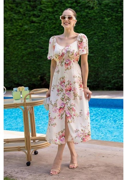 Dipmoda Kadın Düğme Dataylı Çiçekli Viskon Elbise DPMY3529