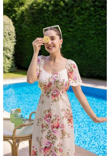 Dipmoda Kadın Düğme Dataylı Çiçekli Viskon Elbise DPMY3529 fiyatları