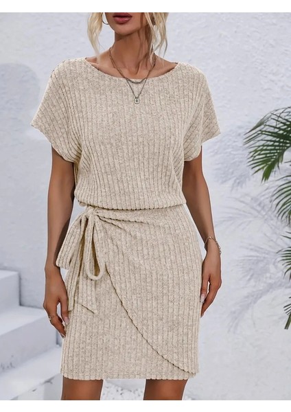 Kadın Kısa Kollu Yakası Açık Belden Lastikli Yandan Bağlamalı Kalın Fitilli Kaşkorse Elbise fiyatları