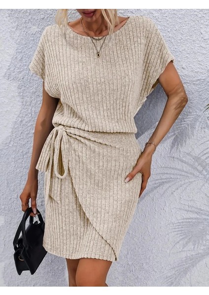 Kadın Kısa Kollu Yakası Açık Belden Lastikli Yandan Bağlamalı Kalın Fitilli Kaşkorse Elbise fırsatları