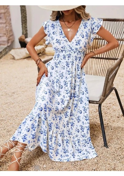 Kadın Kısa Kollu Kruvaze Yakalı Beli Lastikli Çiçek Desenli Elbise