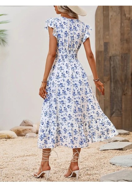 Kadın Kısa Kollu Kruvaze Yakalı Beli Lastikli Çiçek Desenli Elbise modelleri