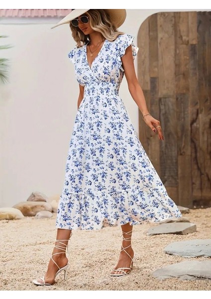 Kadın Kısa Kollu Kruvaze Yakalı Beli Lastikli Çiçek Desenli Elbise fırsatları