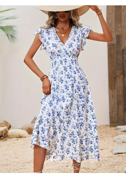 Kadın Kısa Kollu Kruvaze Yakalı Beli Lastikli Çiçek Desenli Elbise indirimleri