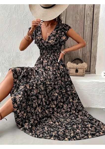 Kadın Kısa Kollu Kruvaze Yaka Beli Lastikli Çiçek Desenli Elbise