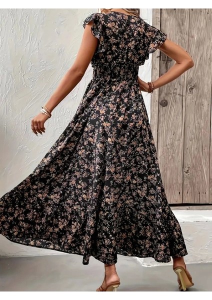 Kadın Kısa Kollu Kruvaze Yaka Beli Lastikli Çiçek Desenli Elbise indirimleri