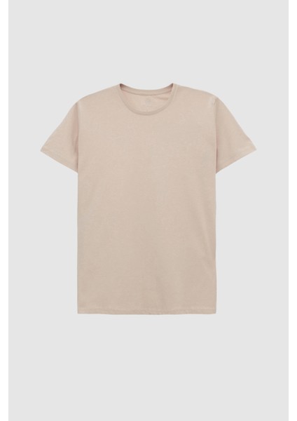 Slim Fit Bej Bisiklet Yaka Pamuklu Nefes Alabilen T-Shirt 4HC141996753M