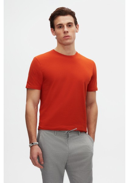 Slim Fit Kiremit Bisiklet Yaka Pamuklu Nefes Alabilen T-Shirt