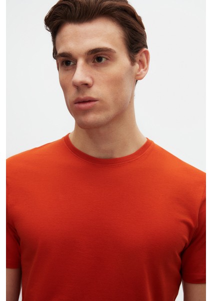 Slim Fit Kiremit Bisiklet Yaka Pamuklu Nefes Alabilen T-Shirt