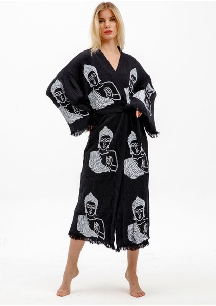 Müslin Kimono %100 Pamuklu Buda Baskılı Desenli Bornoz Kaftan Sabahlık