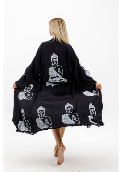Müslin Kimono %100 Pamuklu Buda Baskılı Desenli Bornoz Kaftan Sabahlık