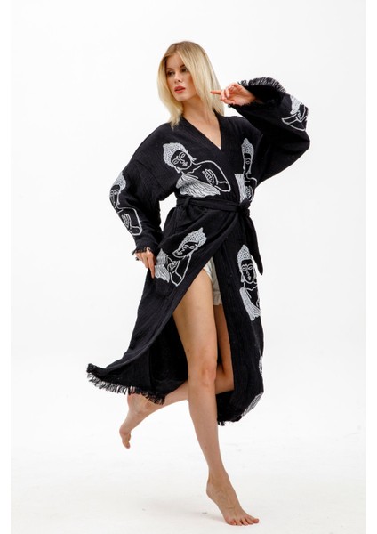 Müslin Kimono %100 Pamuklu Buda Baskılı Desenli Bornoz Kaftan Sabahlık