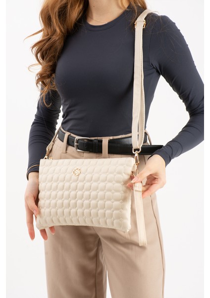 Kadın Suni Deri Krem Renkli Ayarlanabilir Çapraz ve El Askılı Portföy, Clutch Çanta