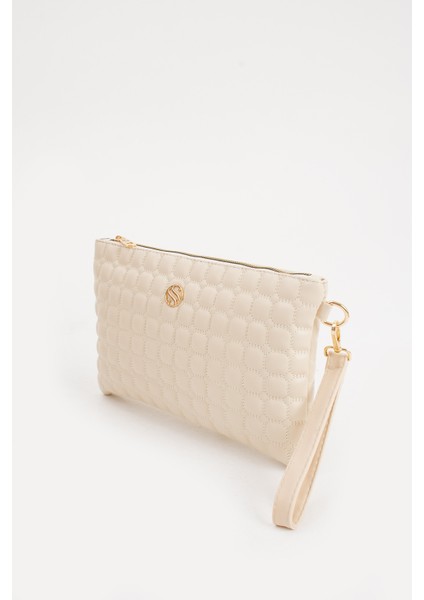 Kadın Suni Deri Krem Renkli Ayarlanabilir Çapraz ve El Askılı Portföy, Clutch Çanta