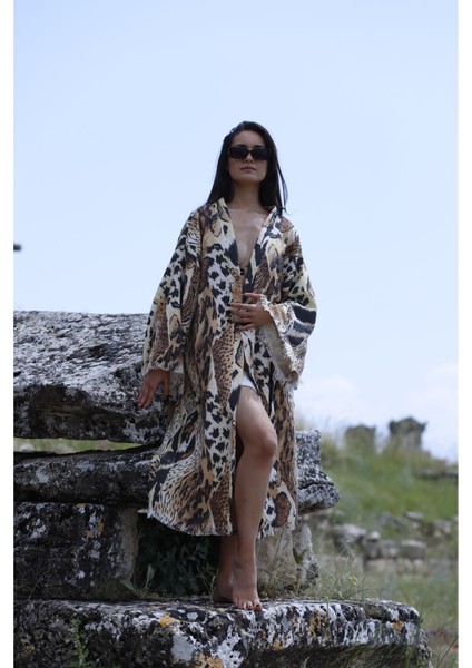 Müslin Kimono %100 Pamuklu Dijital Leopar Baskılı Bornoz Kaftan Sabahlık fırsatları