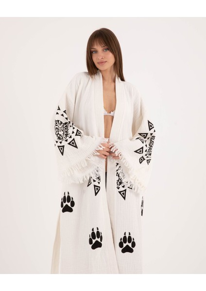 Müslin Kimono %100 Pamuklu Leopar Baskılı Desenli Bornoz Kaftan Sabahlık