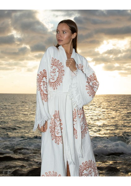 Müslin Kimono %100 Pamuklu Güneş Baskılı Desenli Bornoz Kaftan Sabahlık