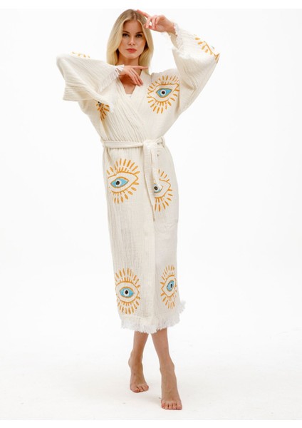 Müslin Kimono %100 Pamuklu Göz Baskılı Desenli Bornoz Kaftan Sabahlık fırsatları