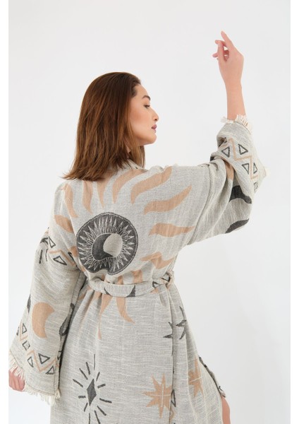 Müslin Kimono %100 Pamuklu Güneş Desenli Jakarlı Bornoz Kaftan Sabahlık