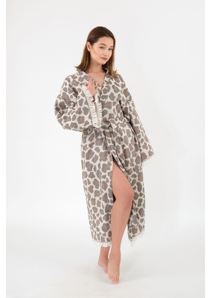Müslin Kimono %100 Pamuklu Leopar Desenli Jakarlı Bornoz Kaftan Sabahlık