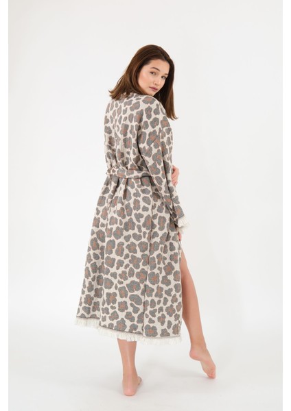 Müslin Kimono %100 Pamuklu Leopar Desenli Jakarlı Bornoz Kaftan Sabahlık