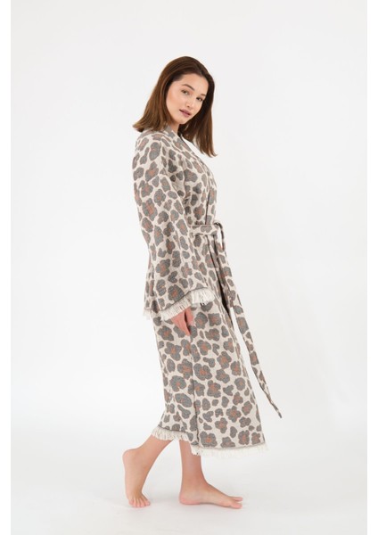 Müslin Kimono %100 Pamuklu Leopar Desenli Jakarlı Bornoz Kaftan Sabahlık