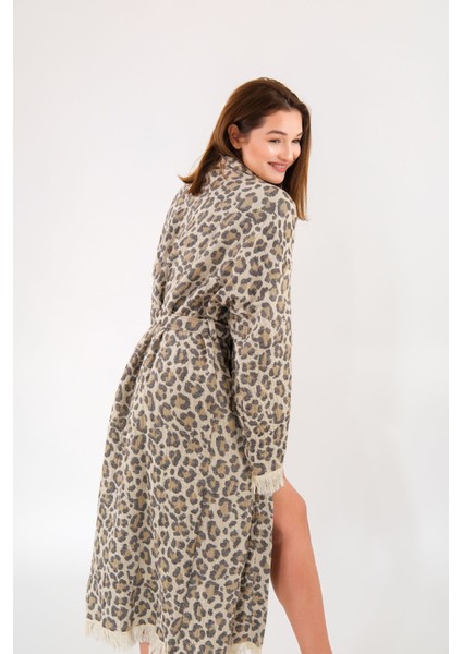 Müslin Kimono %100 Pamuklu Leopar Desenli Jakarlı Bornoz Kaftan Sabahlık