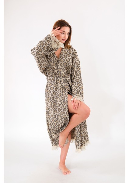 Müslin Kimono %100 Pamuklu Leopar Desenli Jakarlı Bornoz Kaftan Sabahlık