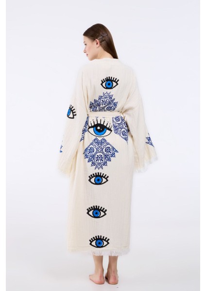Müslin Kimono %100 Pamuklu Etnik Göz Baskılı Desenli Bornoz Kaftan Sabahlık