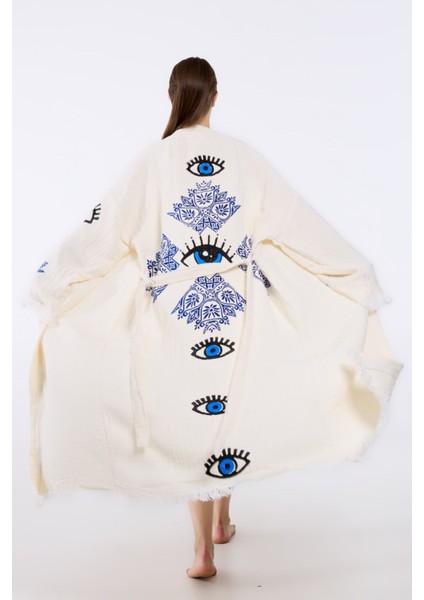 Müslin Kimono %100 Pamuklu Etnik Göz Baskılı Desenli Bornoz Kaftan Sabahlık modelleri