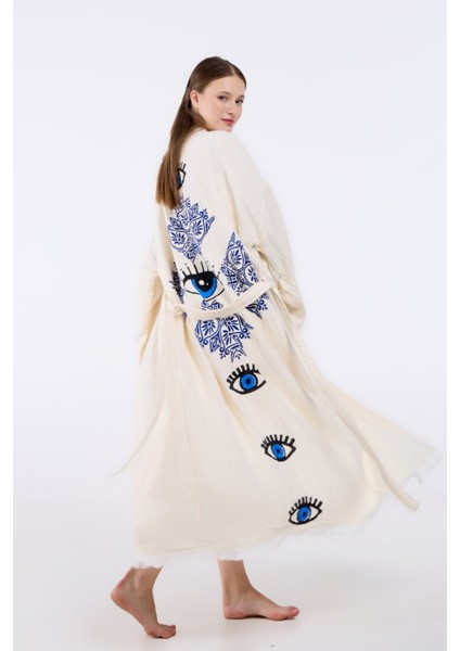Müslin Kimono %100 Pamuklu Etnik Göz Baskılı Desenli Bornoz Kaftan Sabahlık fırsatları