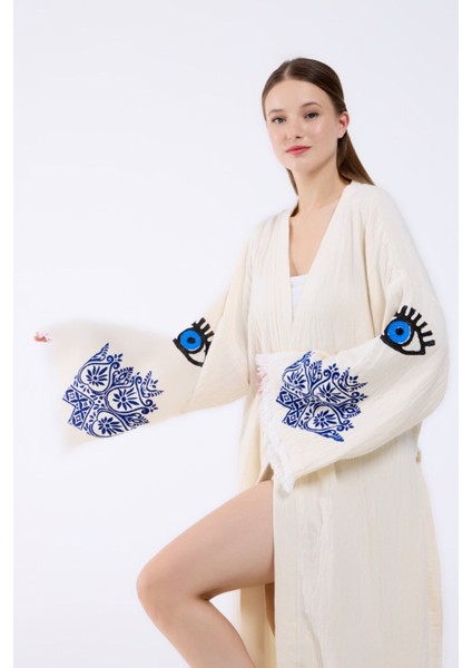 Müslin Kimono %100 Pamuklu Etnik Göz Baskılı Desenli Bornoz Kaftan Sabahlık indirimleri