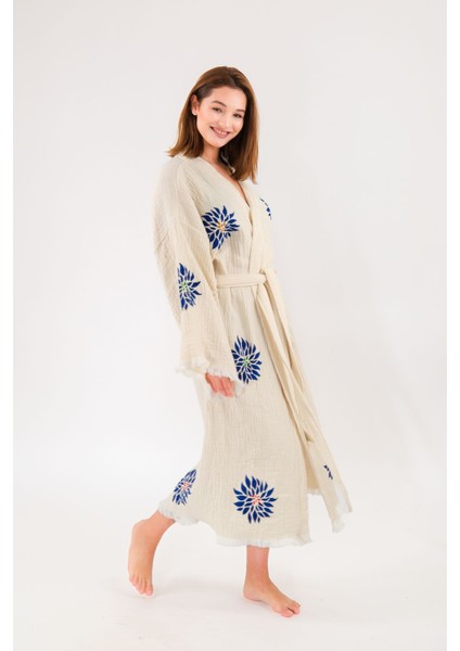 Müslin Kimono %100 Pamuklu Etnik Baskılı Desenli Bornoz Kaftan Sabahlık