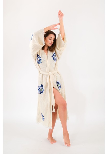 Müslin Kimono %100 Pamuklu Etnik Baskılı Desenli Bornoz Kaftan Sabahlık
