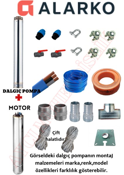 4sd4/18 2 Hp Alarko 25 mt Yassı Kablolu 50 mt Halatlı Çift Vanalı Akıtma Başlıklı Trifaze Takım Dalgıç Pompa
